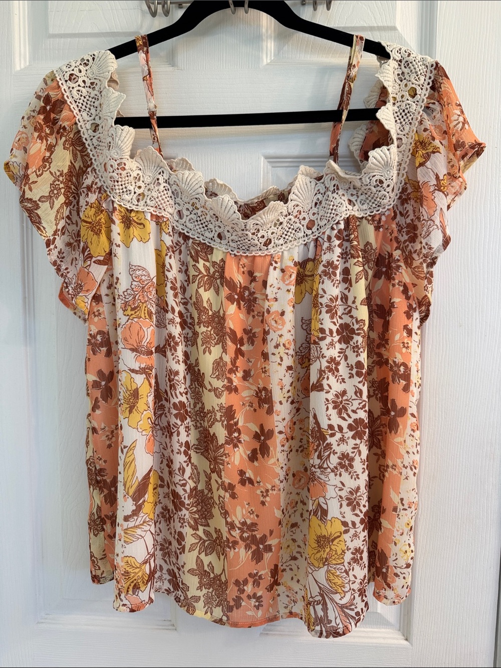Miss Me Floral Crochet Trim Off-Shoulder Top - Peach Multi Size Large